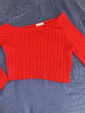 Princess Polly Red Ribbed Off-Shoulder Cropped Sweater